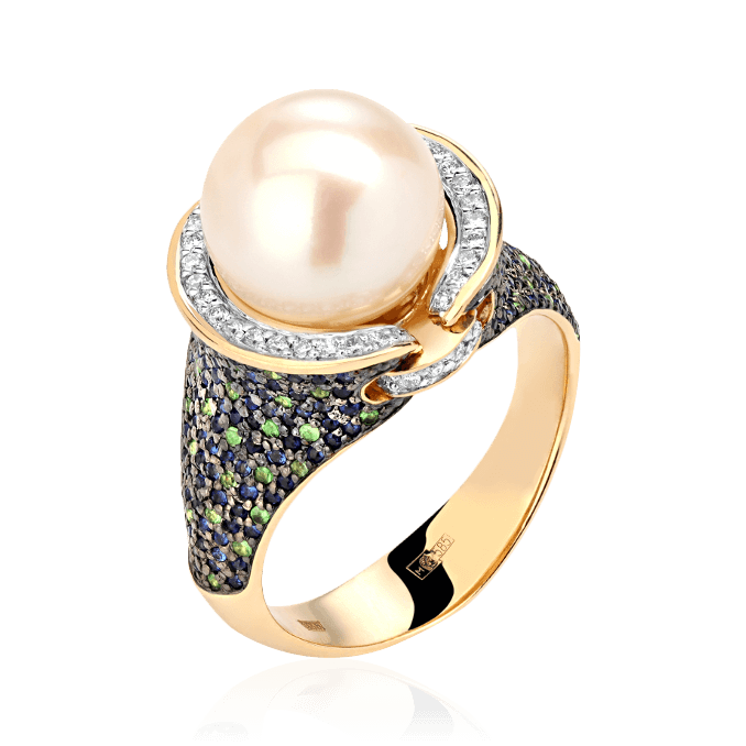 Кольцо с жемчугом, сапфиром, бриллиантами, тсаворитом из комбинированного золота 585 пробы, фото № 1