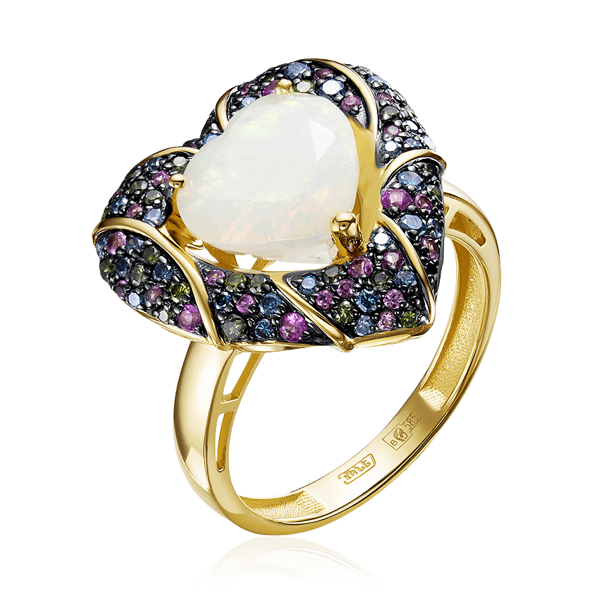Кольцо в форме сердца с опалом, бриллиантами из желтого золота 585 пробы (арт. 83016)