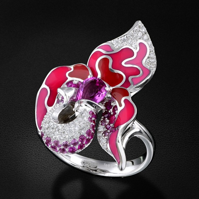 Кольцо с эмалью, бриллиантами, розовыми сапфирами в белом золоте 750 пробы, фото № 3