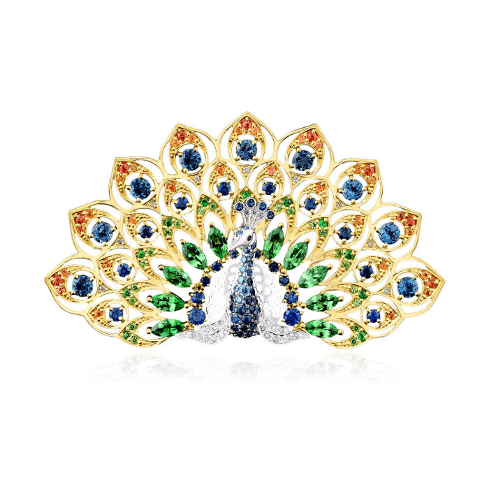 Брошь Павлин с цветными камнями и бриллиантами в желтом золоте 750 пробы, фото № 1