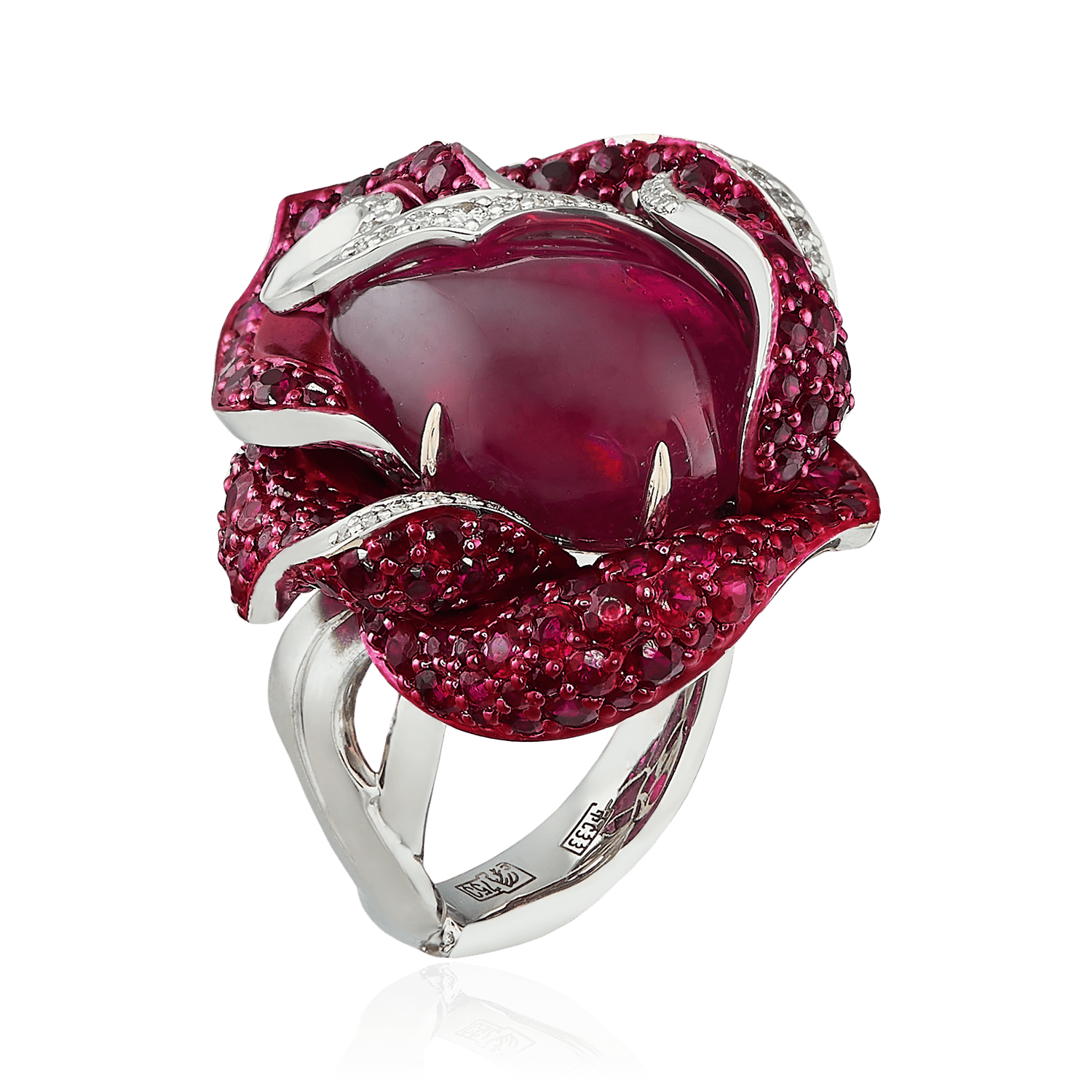 Кольцо Роза с рубинами, бриллиантами из белого золота 750 пробы, фото № 1