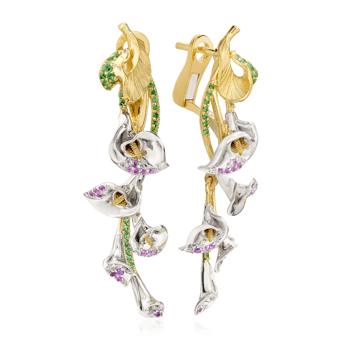 Серьги Каллы с подвижными цветами с бриллиантами, тсаворитом, цветными сапфирами из комбинированного золота 750 пробы, фото № 1
