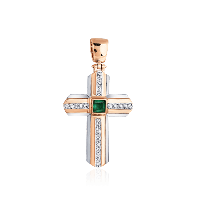 Крест с бриллиантами, изумрудом из красного золота 585 пробы, фото № 1