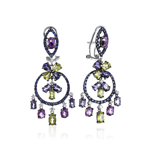 Серьги с сапфиром, бриллиантами, аметистом, перидотом из белого золота 750 пробы, фото № 1
