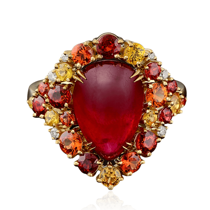 Кольцо с рубином, цветными сапфирами и бриллиантами в желтом золоте 750 пробы, фото № 2