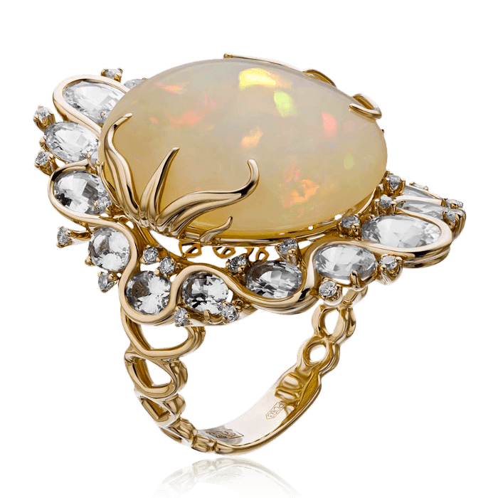 Кольцо с опалом, бриллиантами, цветными сапфирами из желтого золота 750 пробы, фото № 1