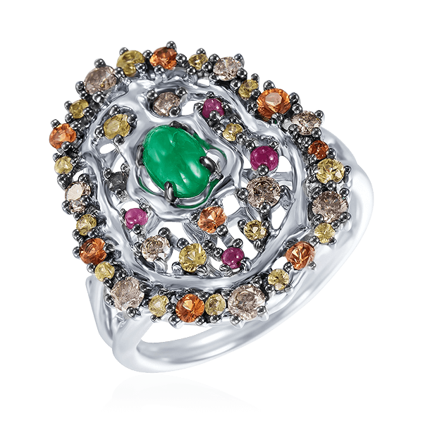Кольцо с изумрудом, сапфиром, рубином, бриллиантами из белого золота 585 пробы, фото № 1
