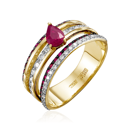 Кольцо с рубином, бриллиантами из желтого золота 585 пробы, фото № 1