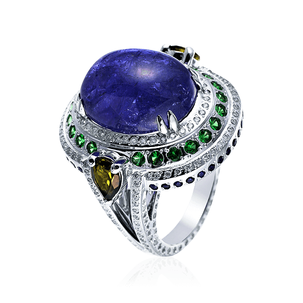 Кольцо с танзанитом, сапфиром, бриллиантами, турмалином, тсаворитом из белого золота 750 пробы, фото № 1