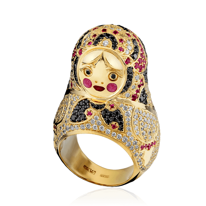 Кольцо Матрешка с рубинами, бриллиантами, эмалью в желтом золоте 750 пробы, фото № 1
