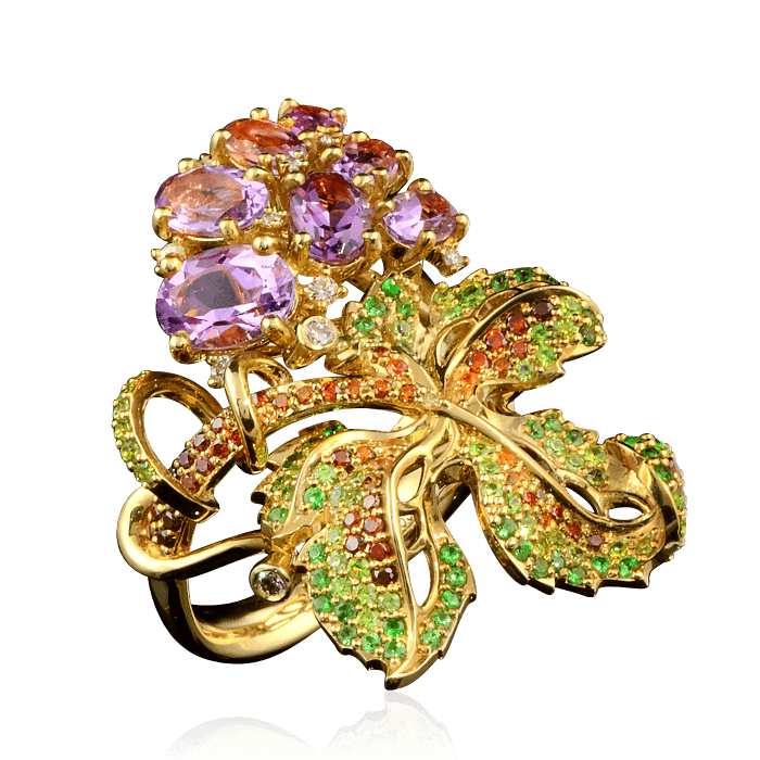 Кольцо Ягоды с цветными камнями и бриллиантами в желтом золоте 585 пробы (арт. 28019)