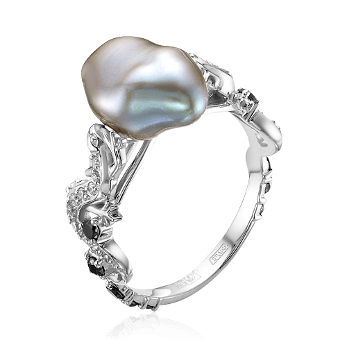 Кольцо Ящерица с жемчугом, бриллиантами из белого золота 585 пробы, фото № 1