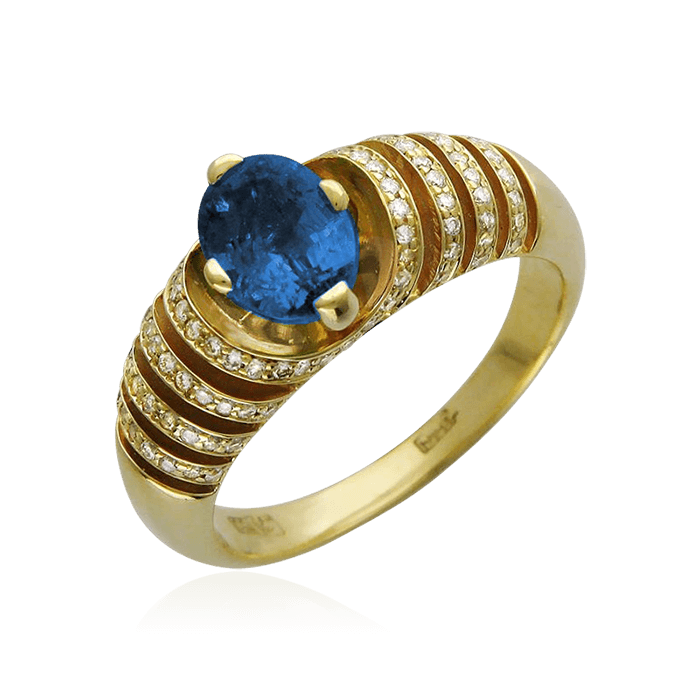 Кольцо с сапфиром, бриллиантами из желтого золота 750 пробы (арт. 57776)