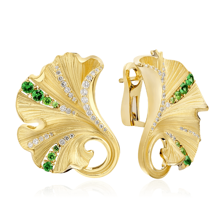 Серьги Листья с цветными сапфирами, бриллиантами, демантоидом из желтого золота 750 пробы, фото № 1