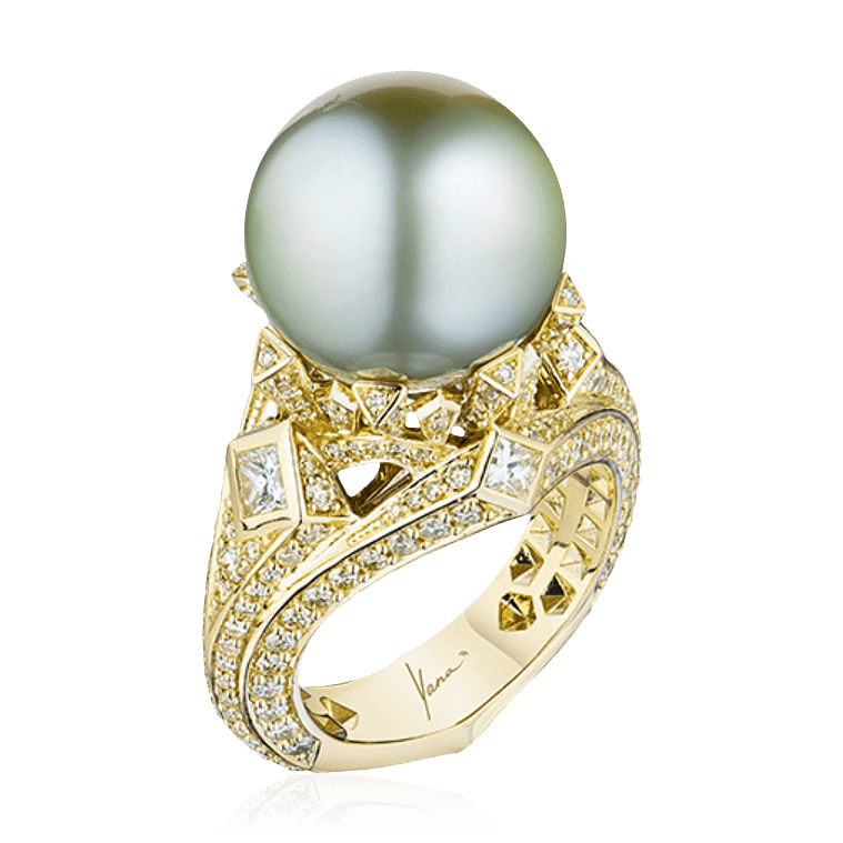 Кольцо с жемчужиной Таити и бриллиантами из желтого золота 750 пробы, фото № 1