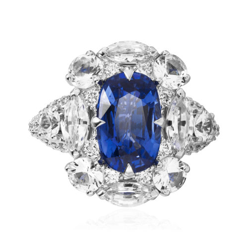 Кольцо с синим и белыми сапфирами, бриллиантами из белого золота 750 пробы, фото № 2