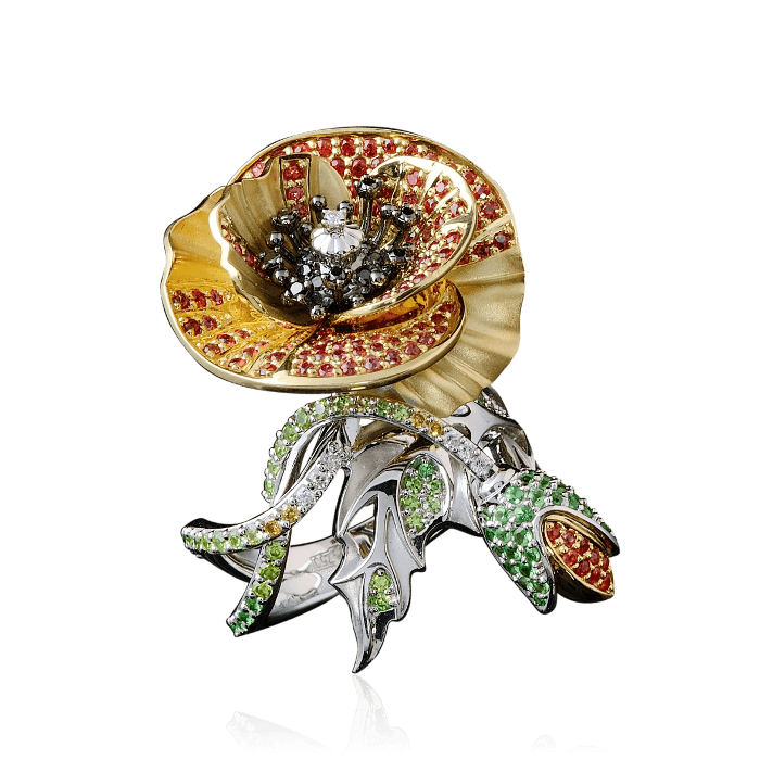 Кольцо Цветок с бриллиантами, демантоидами, тсаворитами, цветными сапфирами из желтого и белого золота 585 пробы, фото № 1