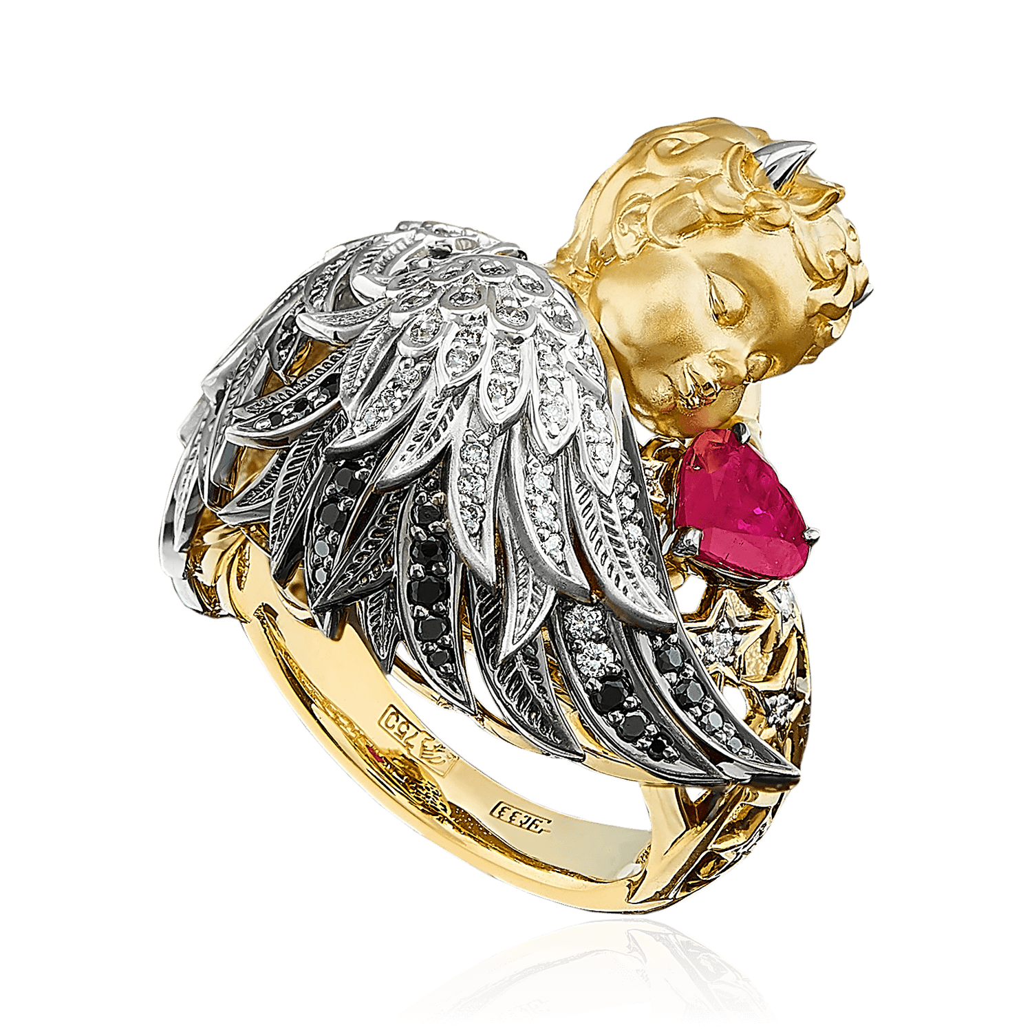 Кольцо Ангел с рубинами, цветными сапфирами, бриллиантам из желтого золота 750 пробы, фото № 1