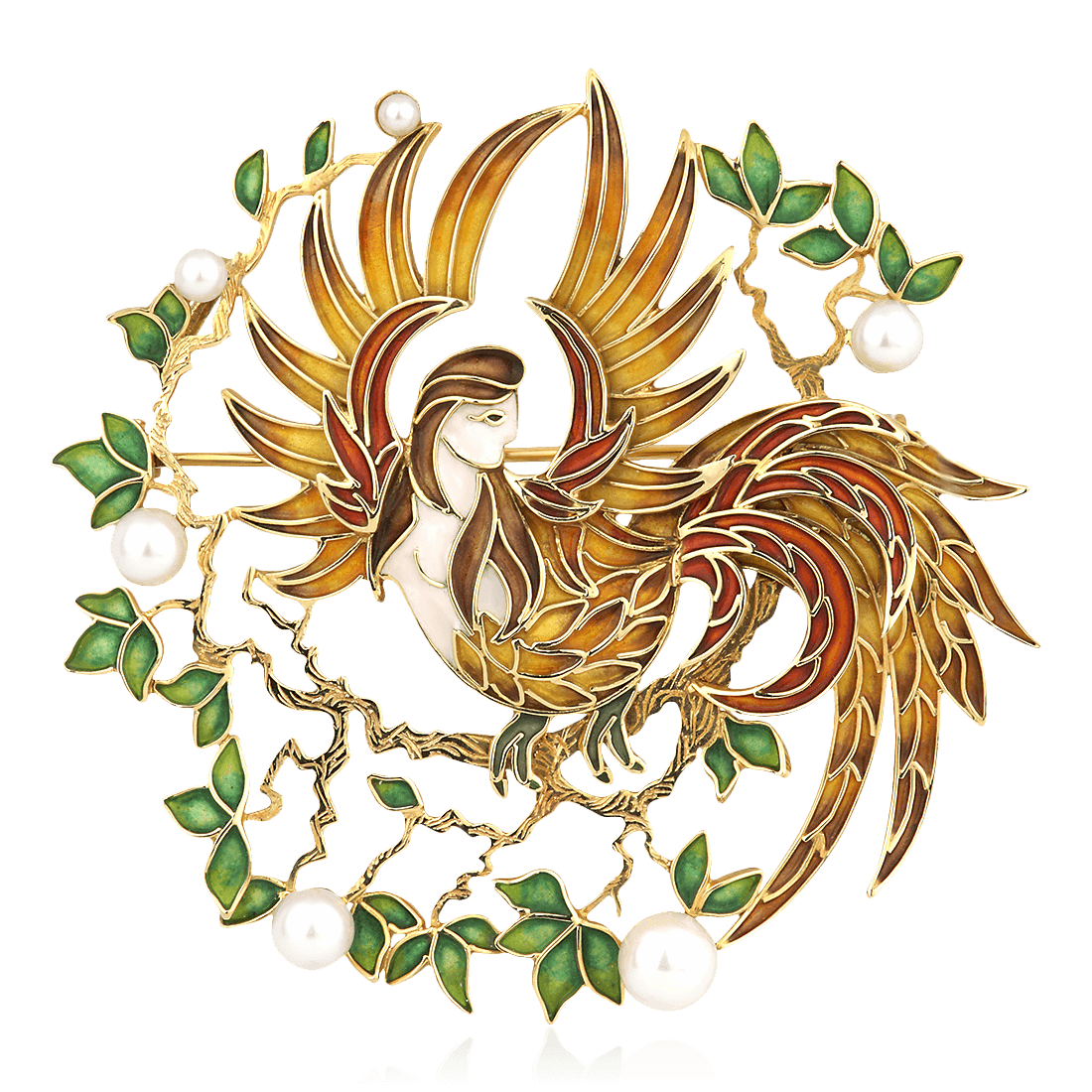 Брошь Птица Феникс с жемчугом, эмалью из желтого золота 750 пробы (арт. 93610)