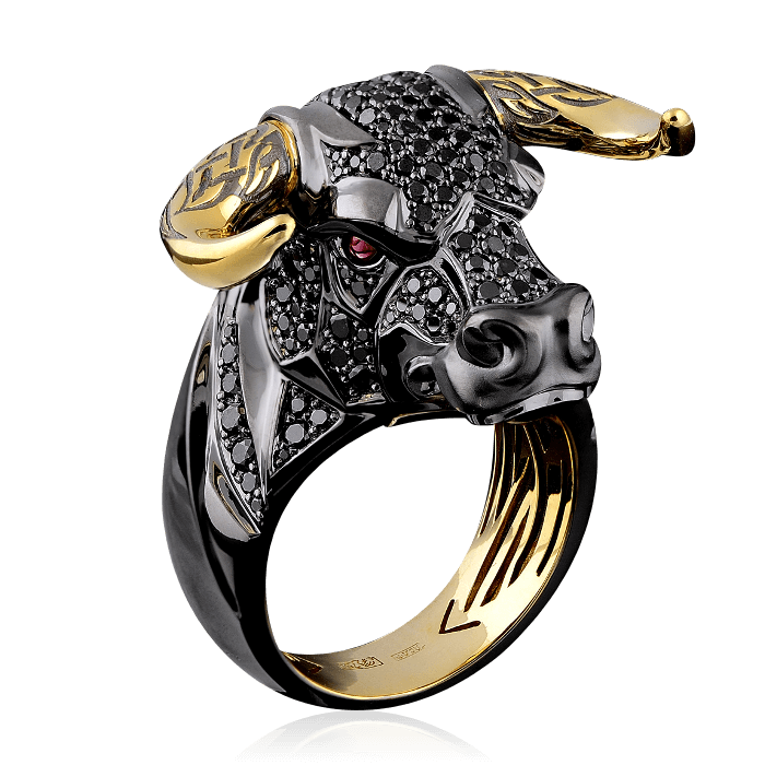 Мужское кольцо Бык с черными бриллиантами и рубинами в желтом золоте 750 пробы, фото № 1