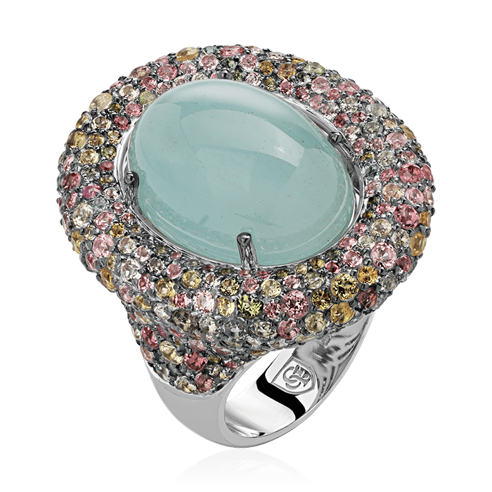 Кольцо с бриллиантами, турмалином, аквамарином, цветными сапфирами из белого золота 585 пробы (арт. 80219)
