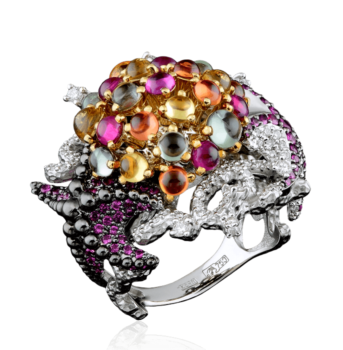 Кольцо с цветными сапфирами, рубинами и бриллиантами в белом золоте 585 пробы, фото № 1
