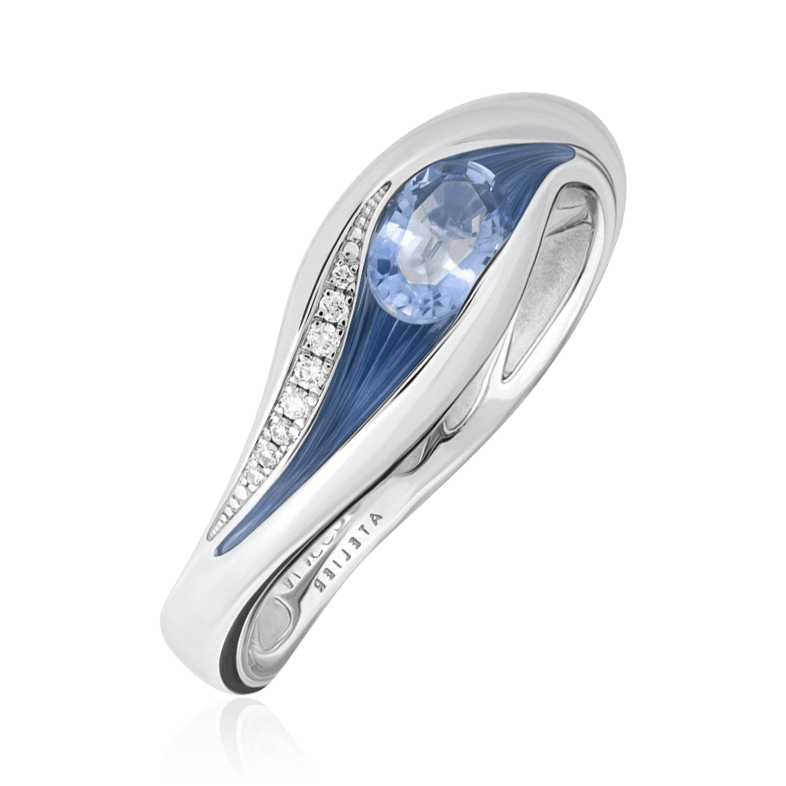 Кольцо с сапфиром, эмалью, бриллиантами из белого золота 750 пробы, фото № 1