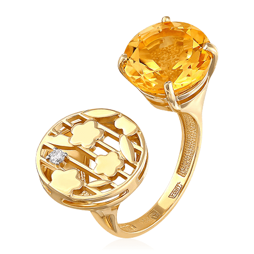 Кольцо с бриллиантами, цитрином из желтого золота 585 пробы, фото № 1