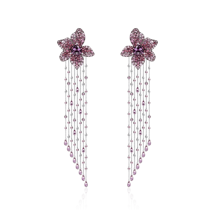 Длинные серьги-трансформеры цветы с шпинелью, бриллиантами из белого золота 750 пробы, фото № 1
