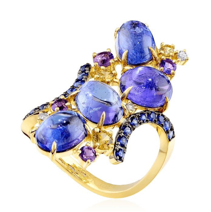 Кольцо с танзанитами, бриллиантами, аметистом, синими и цветными сапфирами из желтого золота 750 пробы, фото № 1