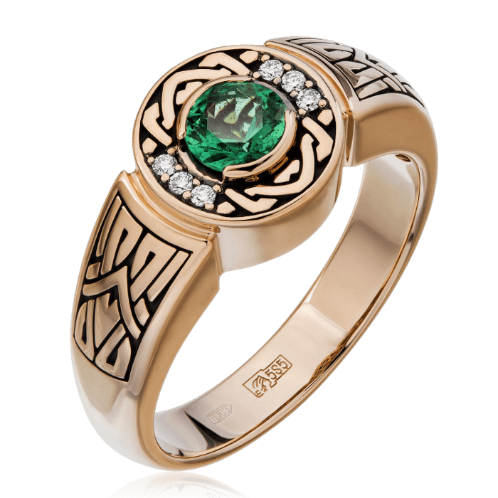 Мужское кольцо с изумрудом, бриллиантами из красного золота 585 пробы, фото № 3