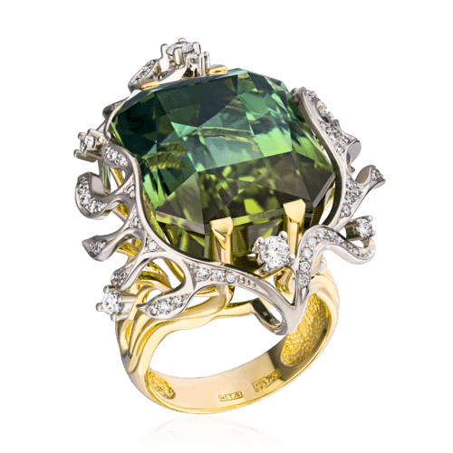 Кольцо с турмалином, бриллиантами из комбинированного золота 750 пробы, фото № 3
