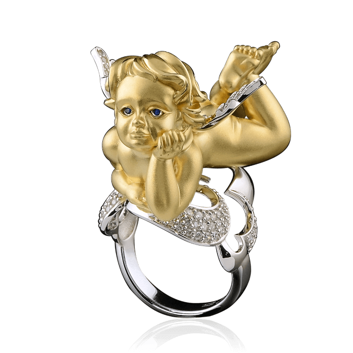 Кольцо Ангел с бриллиантами и сапфирами в желтом и белом золоте 750 (арт. 28217)