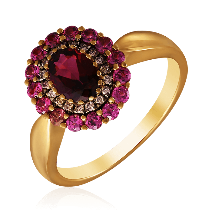 Кольцо с родолитом , бриллиантами из желтого золота 585 пробы, фото № 1