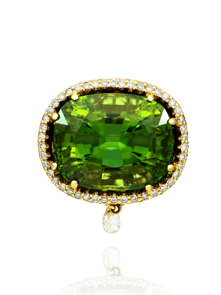 Кольцо с хризолитом, бриллиантами из желтого золота 750 пробы, фото № 4