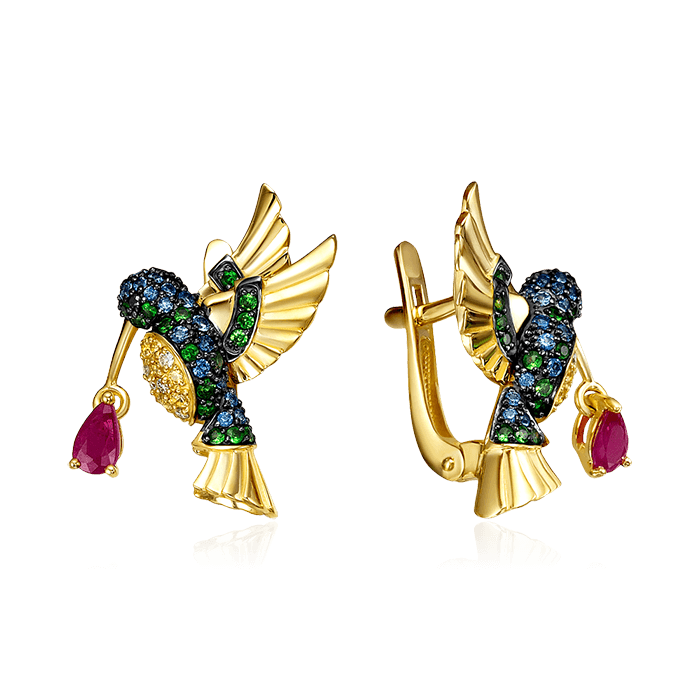 Серьги Колибри с сапфиром, бриллиантами из желтого золота 585 пробы, фото № 1