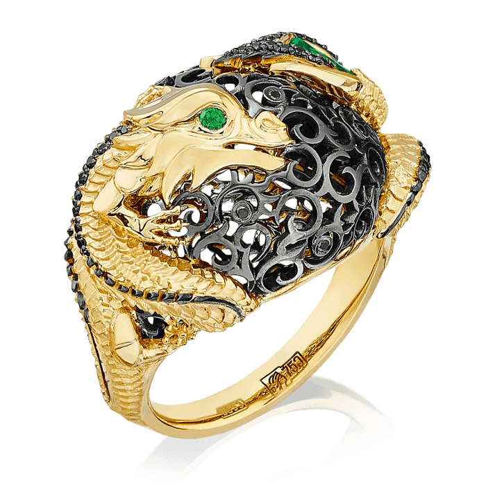 Кольцо Дракон с изумрудом, тсаворитом, бриллиантами из желтого золота 585 пробы (арт. 52182)