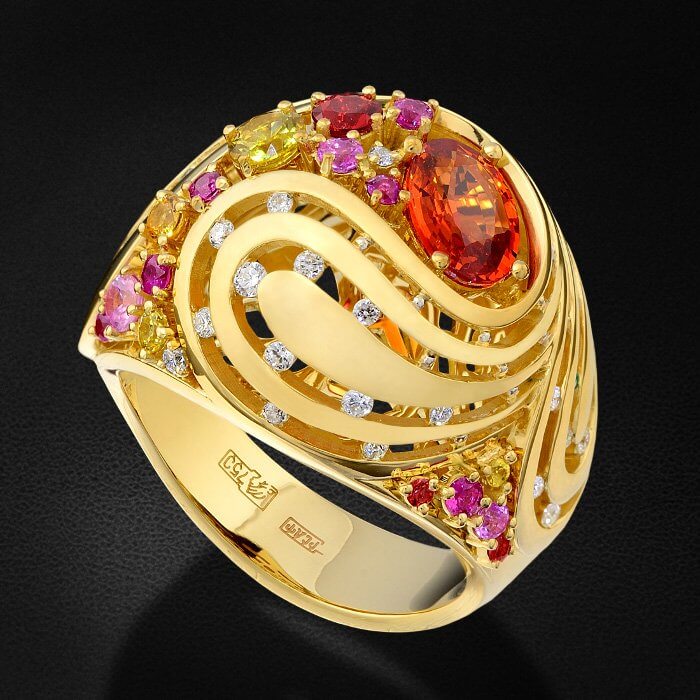 Кольцо с цветными сапфирами, рубинами и бриллиантами в желтом золоте 750 пробы, фото № 2