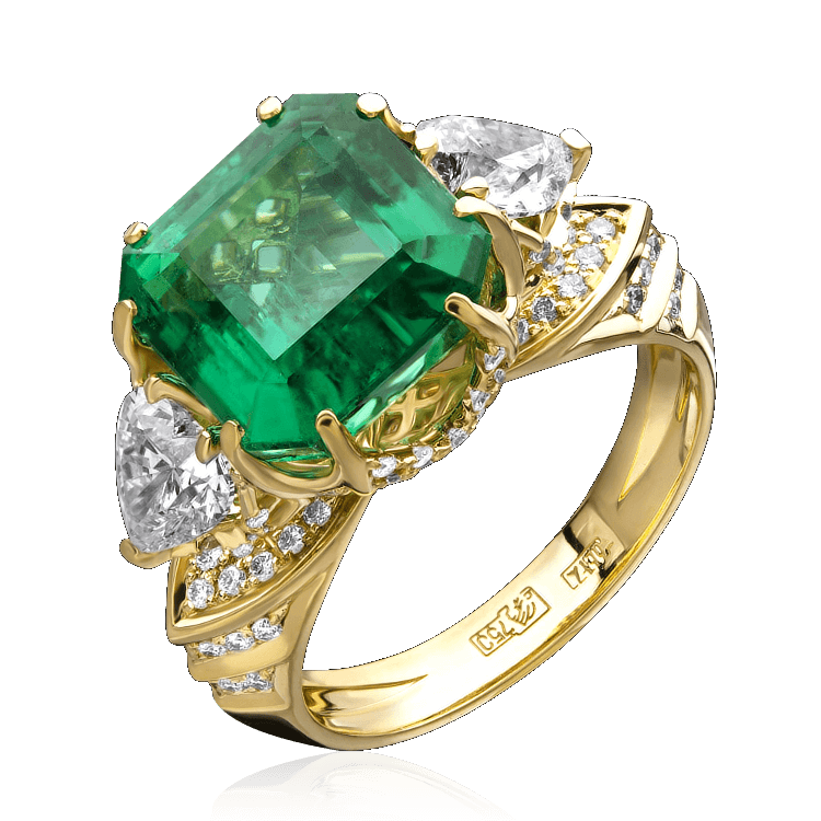 Кольцо с изумрудом, бриллиантами из желтого золота 750 пробы (арт. 41090)