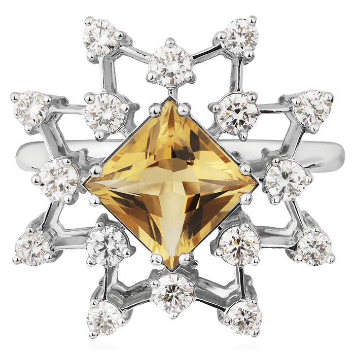 Кольцо с цитрином, бриллиантами из белого золота 750 пробы, фото № 1