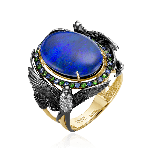 Кольцо Ласточки с опалом, голубыми сапфирами, бриллиантами из желтого золота 585 пробы, фото № 1