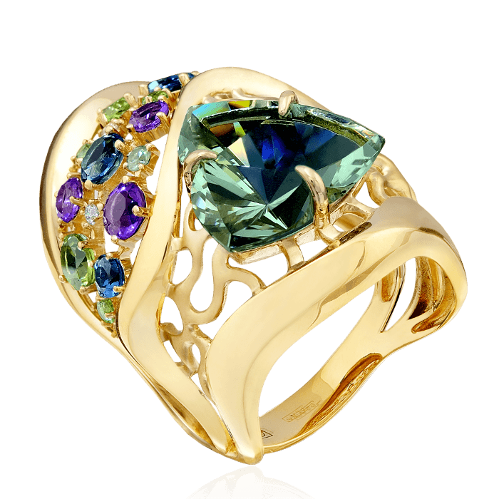 Кольцо с празиолитом, бриллиантами, аметистом, хризолитом, демантоидом, топазом из желтого золота 585 пробы (арт. 38588)