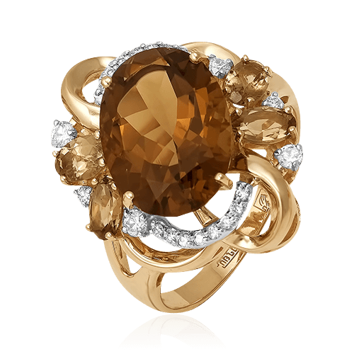 Кольцо с кварцем, бриллиантами, турмалином из красного золота 585 пробы, фото № 1