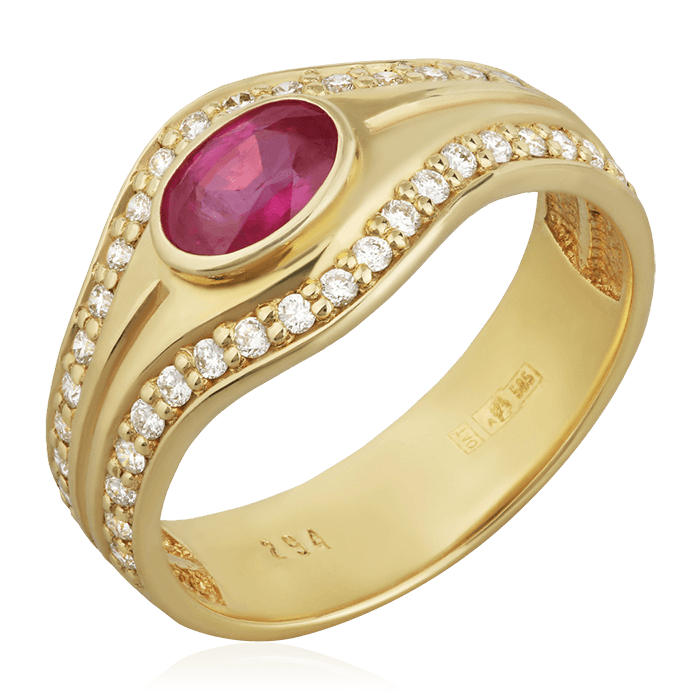 Кольцо с рубином, бриллиантами из желтого золота 585 пробы (арт. 75965)