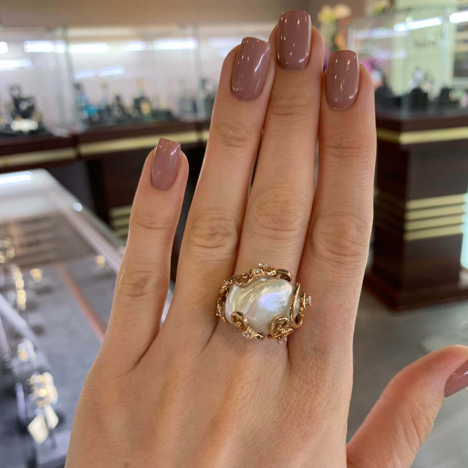 Кольцо с жемчугом, бриллиантами из красного золота 585 пробы, фото № 2