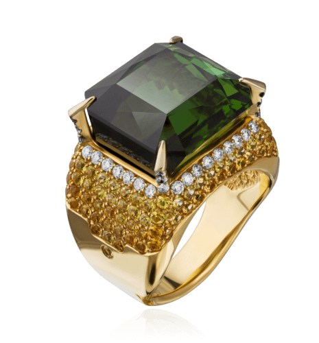 Кольцо с турмалином, сапфиром, бриллиантами из желтого золота 750 пробы, фото № 1