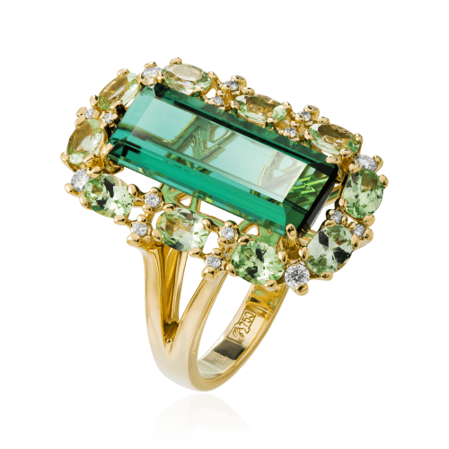 Кольцо с турмалином, бриллиантами, тсаворитом из желтого золота 750 пробы, фото № 1