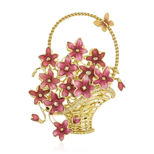 Брошь Корзина с цветами с бриллиантами, эмалью из желтого золота 750 пробы, фото № 1
