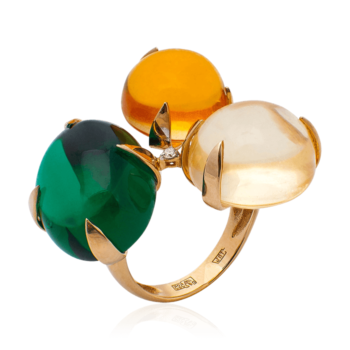 Кольцо с изумрудом, бриллиантами, кварцем, цитрином из красного золота 585 пробы, фото № 1