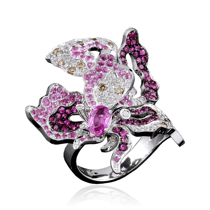 Кольцо цветок с бриллиантами, розовыми сапфирами, рубинами из белого золота 750 пробы, фото № 1